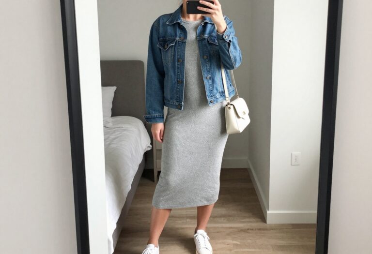 Woman in modest business casual outfit taking a mirror selfie, wearing a gray knit midi dress, denim jacket, and white sneakers.