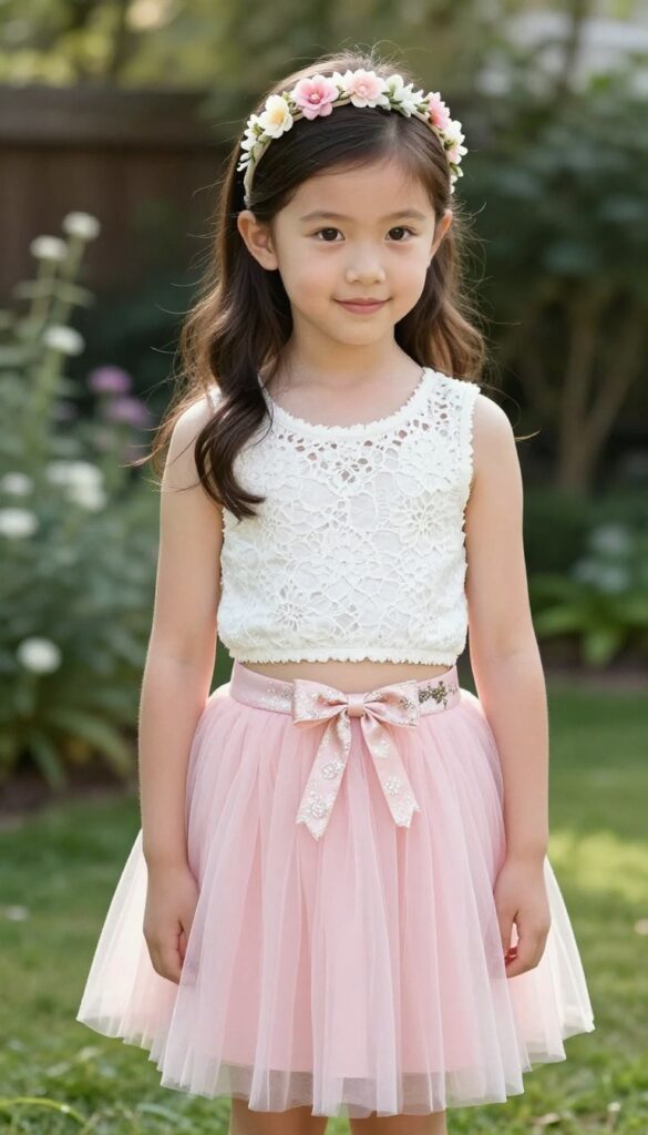 Young girl in white lace crop top and pink tulle skirt with floral bow belt and glittery sneakers in a sunny garden
