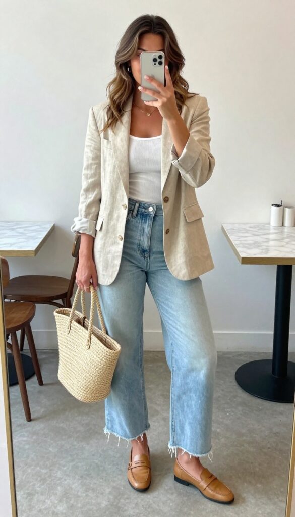 Woman in beige linen blazer and light-wash wide leg jeans posing in a mirror selfie at a bright cafe, holding a phone to her face, with a straw tote bag and loafers.