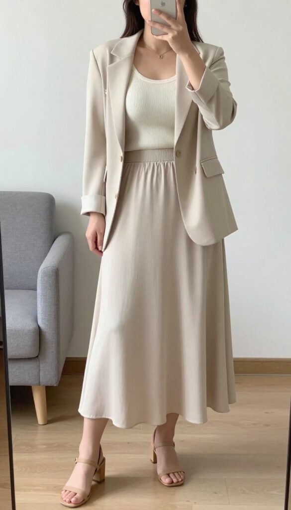 Woman in knit tank, blazer, and midi skirt with block heels, standing in a bright office.