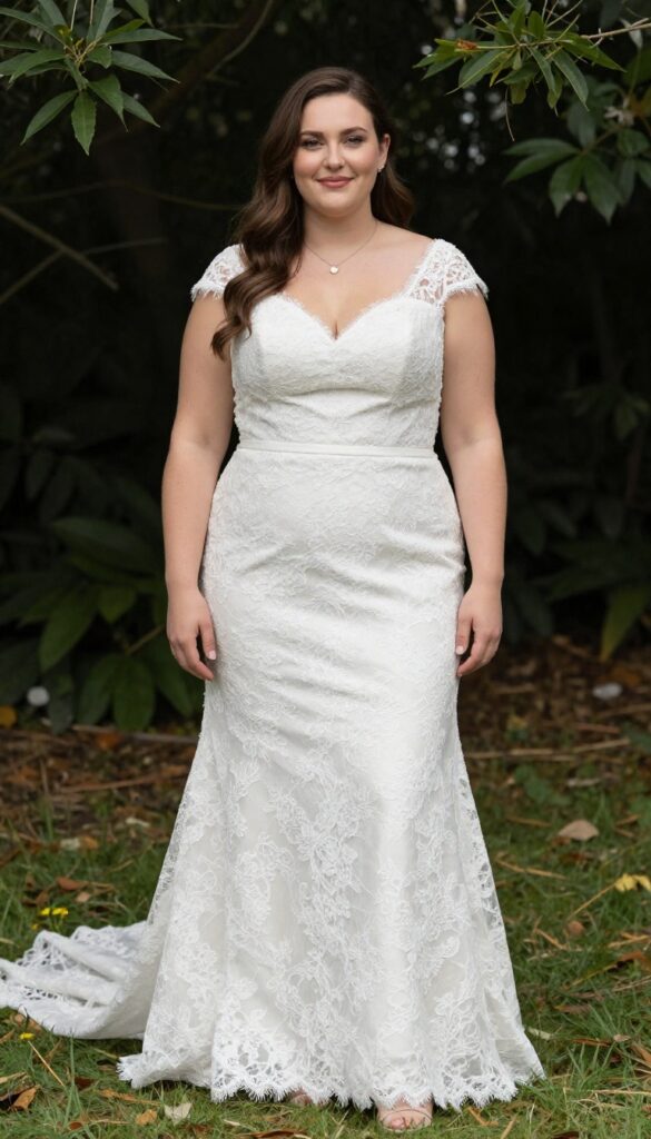 Plus-size woman in white lace wedding dress with cap sleeves and sweetheart neckline, standing in garden, natural lighting.
