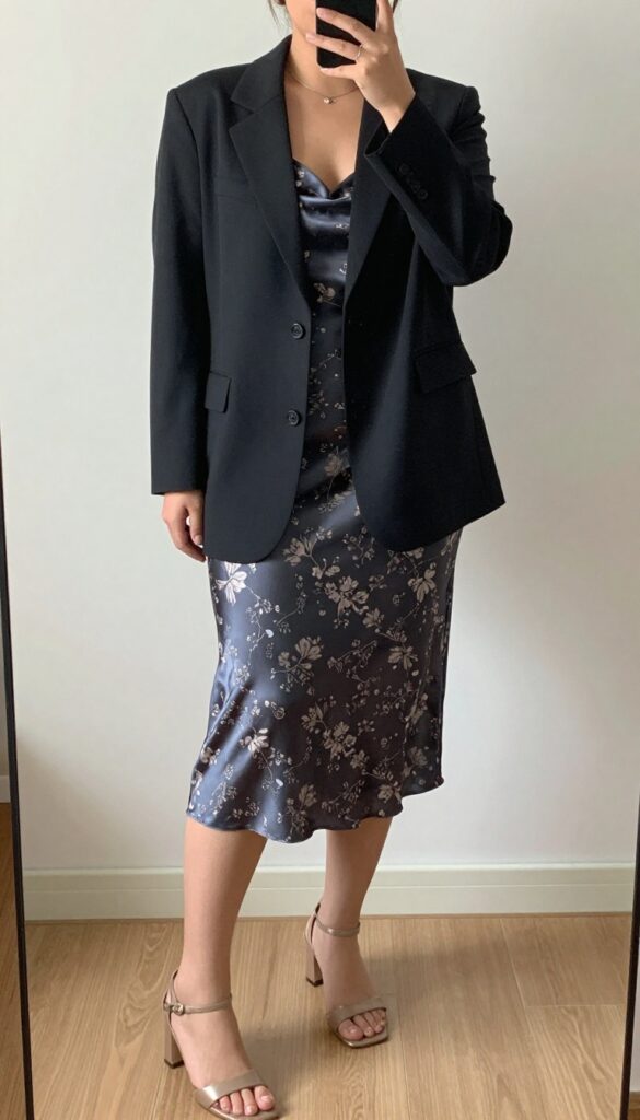 A woman in a blazer and slip dress posing in front of a mirror, partially covering her face with a phone.