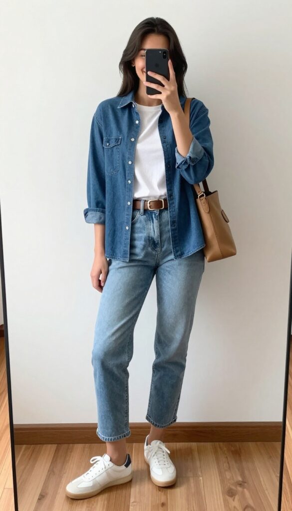 Woman in light wash straight-leg jeans and darker denim shirt over white tee, taking a mirror selfie, casual denim-on-denim outfit.