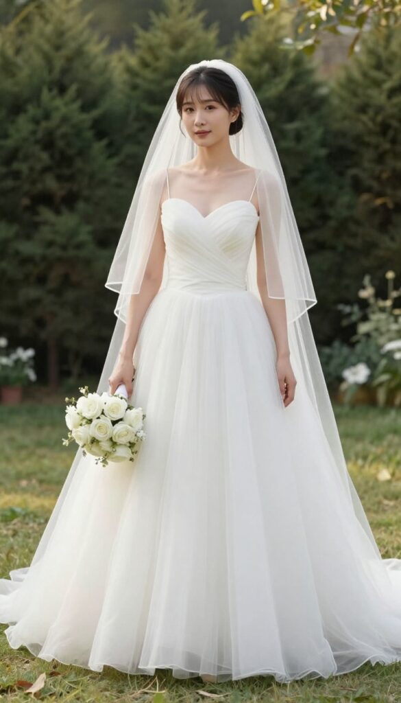 Bride in white ball gown with sweetheart neckline and full tulle skirt, wearing a wispy two-tier veil, holding a bouquet of white roses in a garden at golden hour.