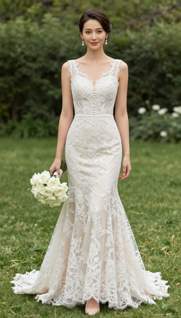 Bride in lace-overlay mermaid wedding dress with illusion back and pearl buttons, pearl drop earrings, updo hairstyle, holding white rose bouquet, in a lush garden with soft natural lighting.