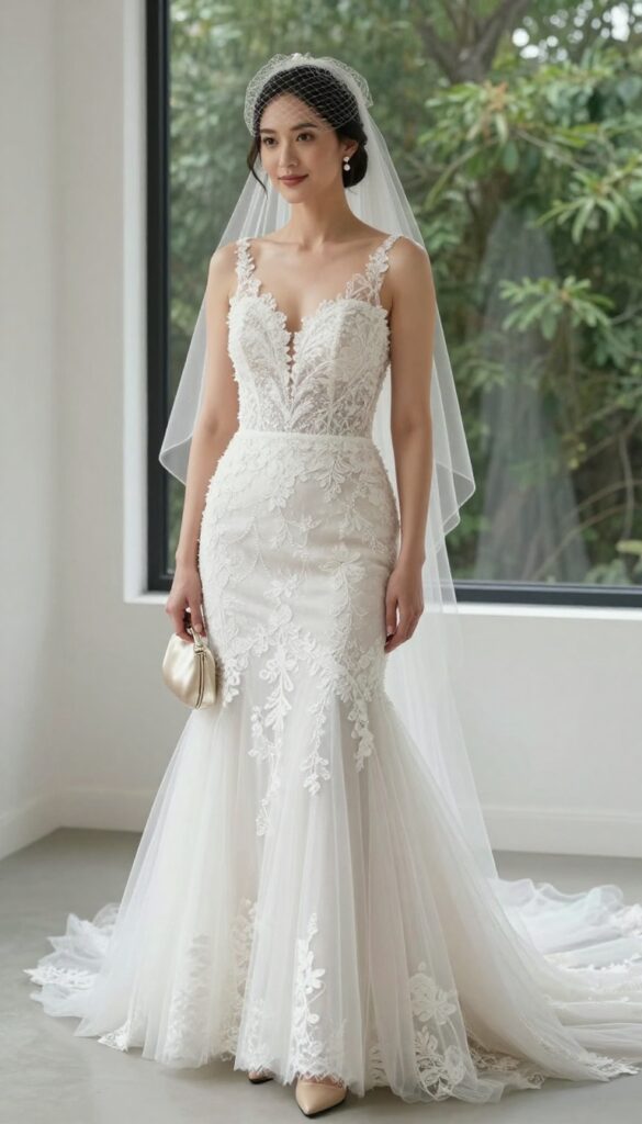 Woman in tulle mermaid wedding dress with lace appliqués and birdcage veil standing in ballroom