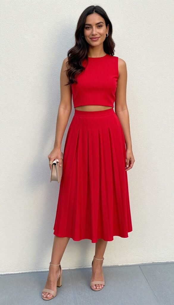 Woman in red two-piece set at garden wedding