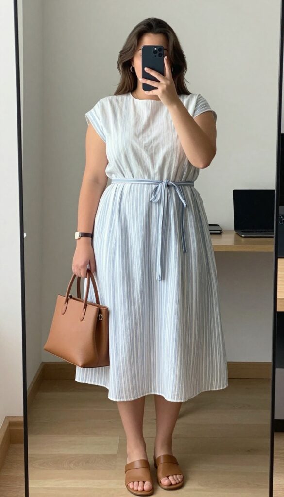 Woman in a belted midi shirt dress with mules and a structured tote, standing in a bright office or outdoor setting.