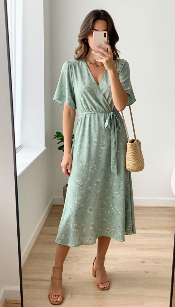 A woman takes a mirror selfie wearing a sage green floral wrap dress, tan block-heel sandals, and a woven straw bag, in a bright bedroom with natural light.