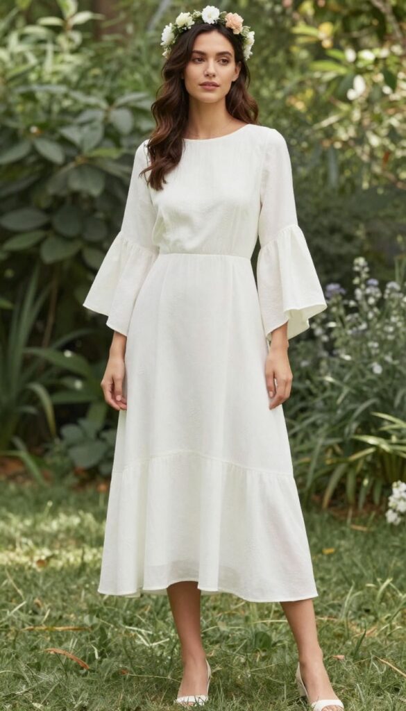 Woman in ivory bell sleeve dress with floral crown in garden