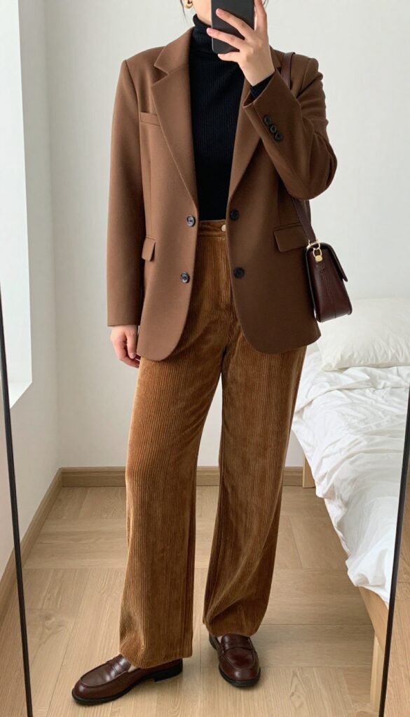 Woman in brown blazer, black turtleneck, and corduroy pants taking a mirror selfie in bedroom