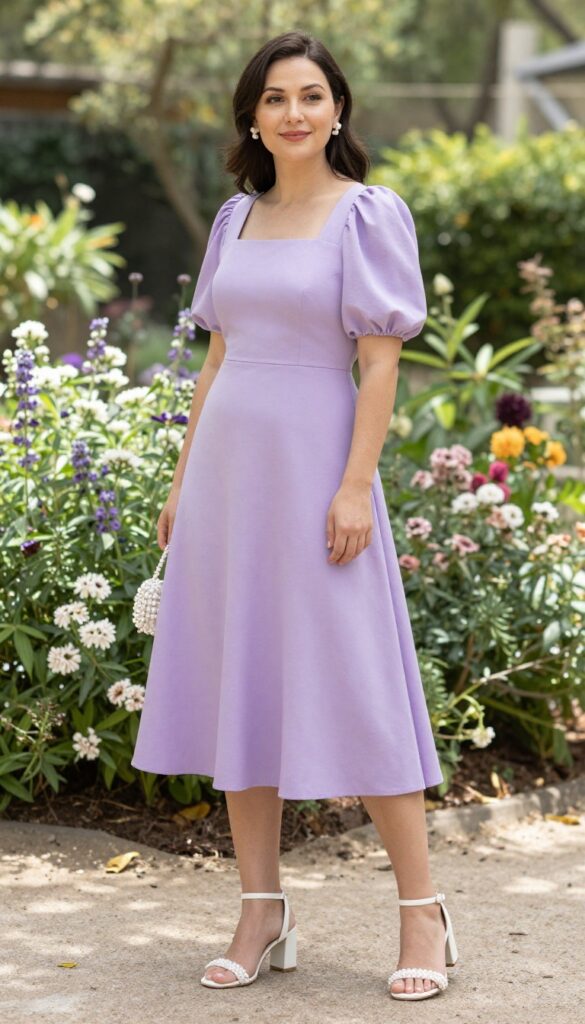 Midsize woman in lavender A-line puff sleeve dress with white heels and pearl clutch in garden