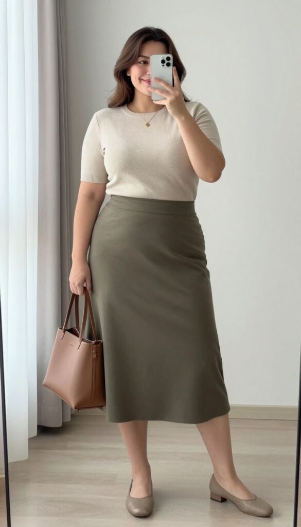 Plus-size woman in a neutral knit top and A-line skirt, posing in a mirror selfie, showcasing a polished teacher outfit.