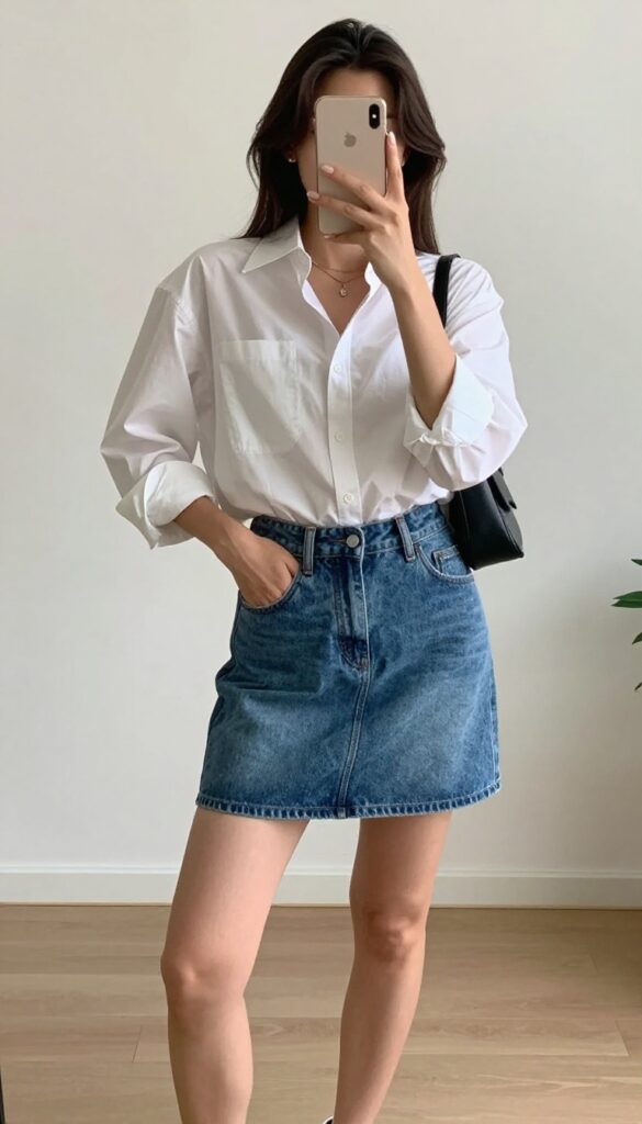 A woman takes a mirror selfie wearing a fitted denim mini skirt and an oversized white button-down shirt with one side tucked in, white sneakers, and a small black crossbody bag. The setting is bright and modern, perfect for a summer night out.