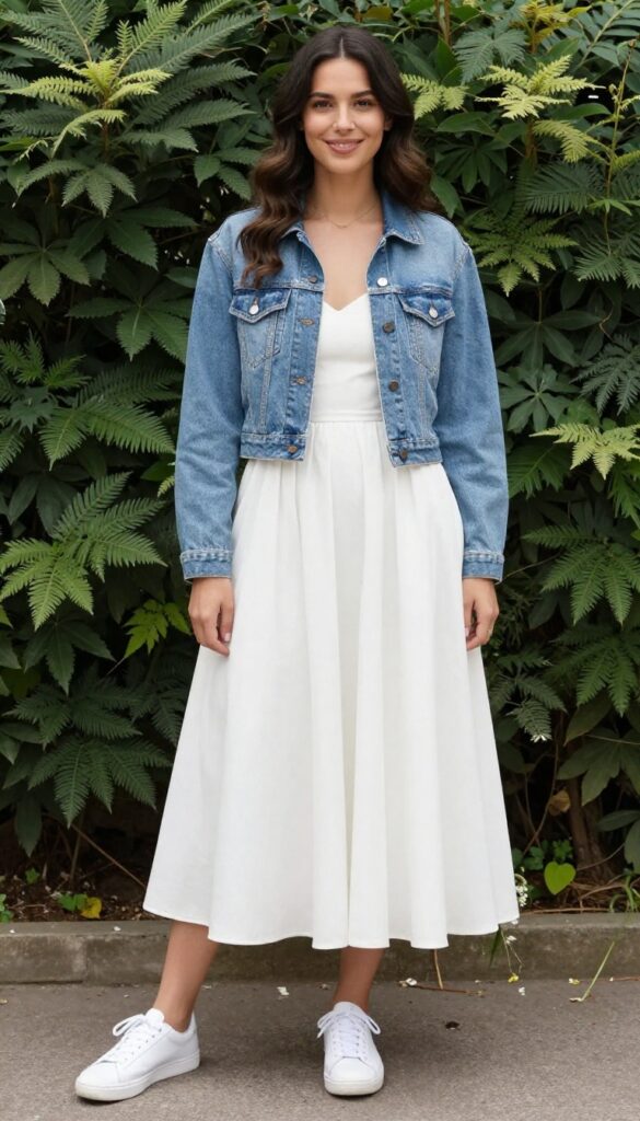 Young woman in white puffy wedding dress with light-wash denim jacket and white sneakers, holding bouquet in sunny garden