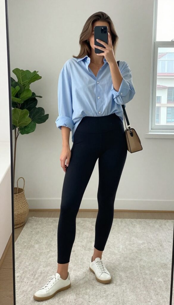 A new mom in a mirror selfie wearing black leggings and an oversized button-up shirt with rolled sleeves, white sneakers, and a crossbody bag, in a bright, cozy home setting.