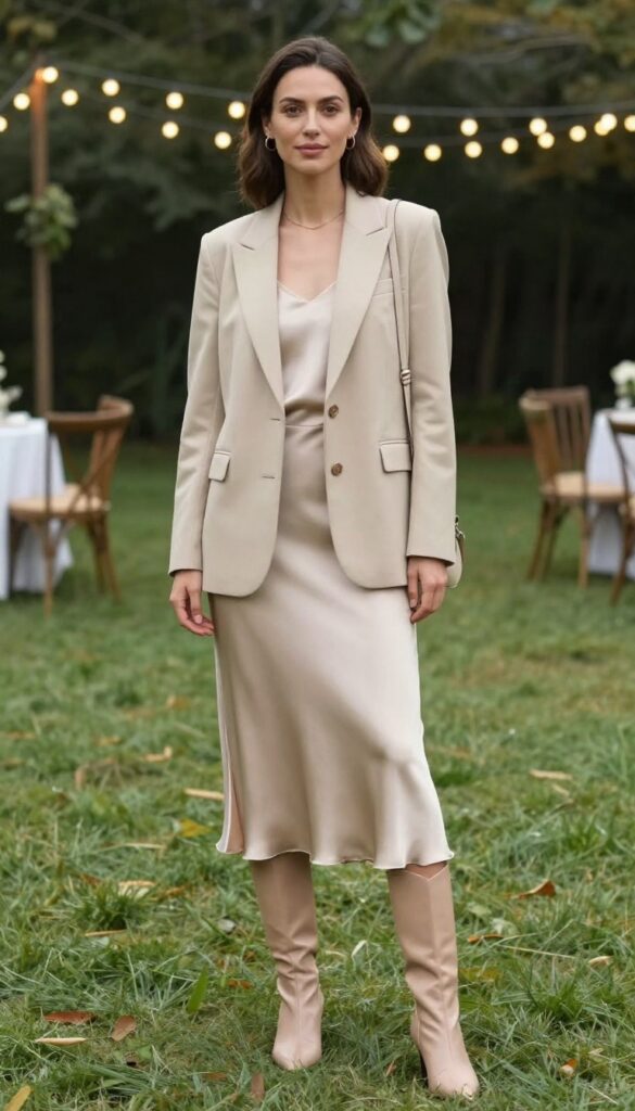 Woman in beige blazer and champagne slip skirt with pointed nude boots at rustic wedding venue