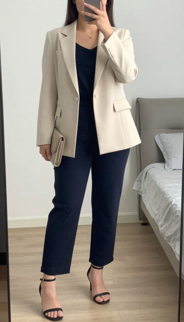 A woman in a jumpsuit and cropped blazer with heeled sandals, holding a structured clutch, standing in a modern office setting.