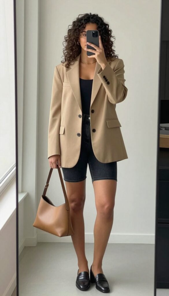 Plus-size woman in a beige oversized blazer and high-waisted shorts, posing in a mirror selfie with a phone, loafers, and structured handbag, bright natural light, brunch-ready outfit.