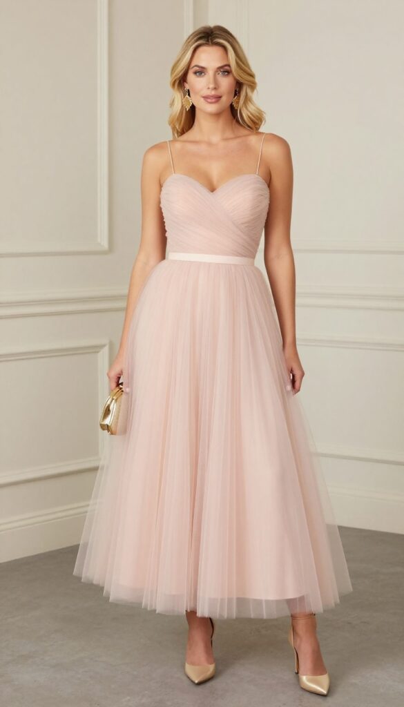 Blonde woman in blush ballgown with gold accessories in neutral ballroom