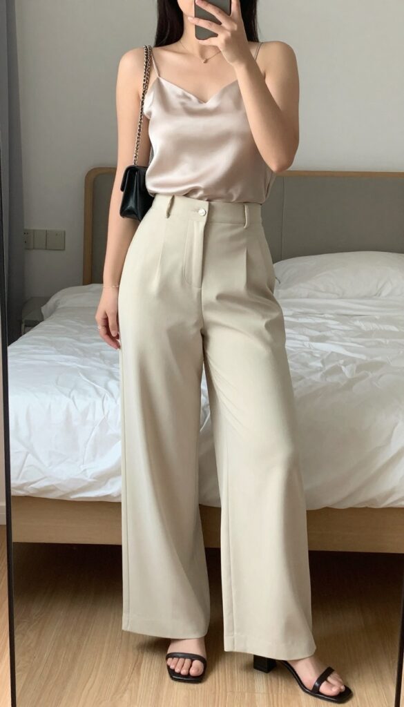 Woman in champagne silk camisole and cream wide-leg trousers, taking a mirror selfie in bedroom
