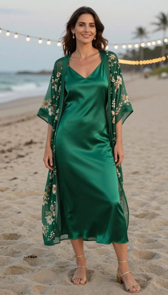 Woman in emerald slip dress and sheer floral kimono at sunset beach wedding