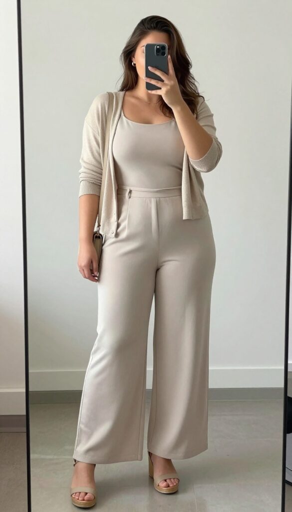 Plus size woman in belted jumpsuit and cropped cardigan for summer business casual