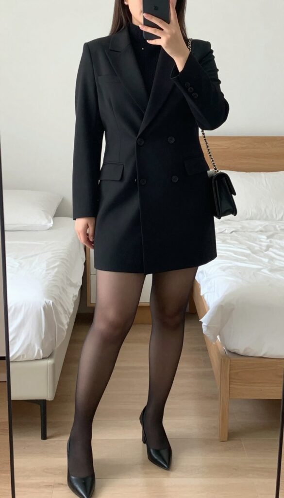 Woman wearing a neutral blazer dress with pointed-toe heels and a chain-strap bag, standing in a mirror selfie pose.