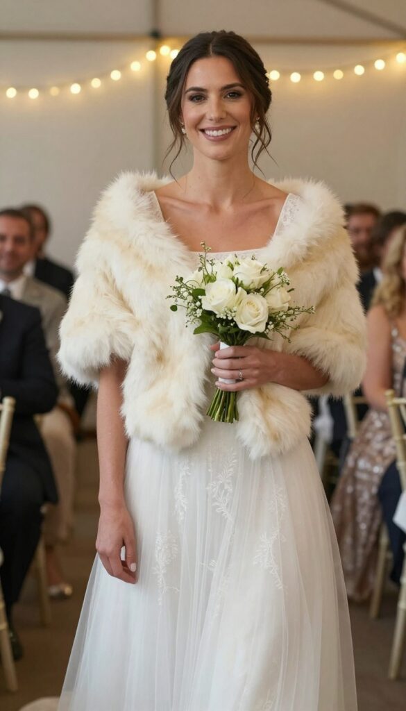 Woman in boho tulle wedding dress with square neckline and cream faux fur stole at evening reception with fairy lights