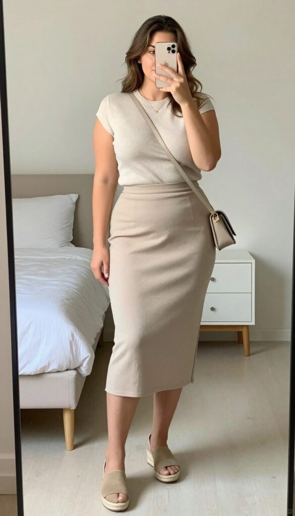 Curvy woman in soft knit top and A-line midi skirt with espadrilles, taking a mirror selfie in a bedroom, partially covering her face with her phone.