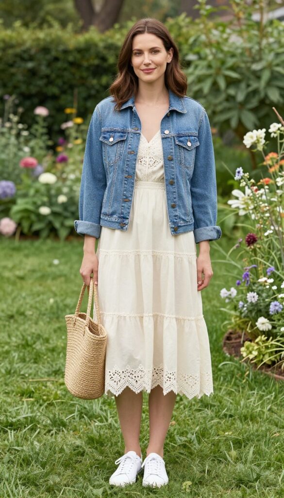 Woman in cream boho dress with denim jacket and sneakers in garden