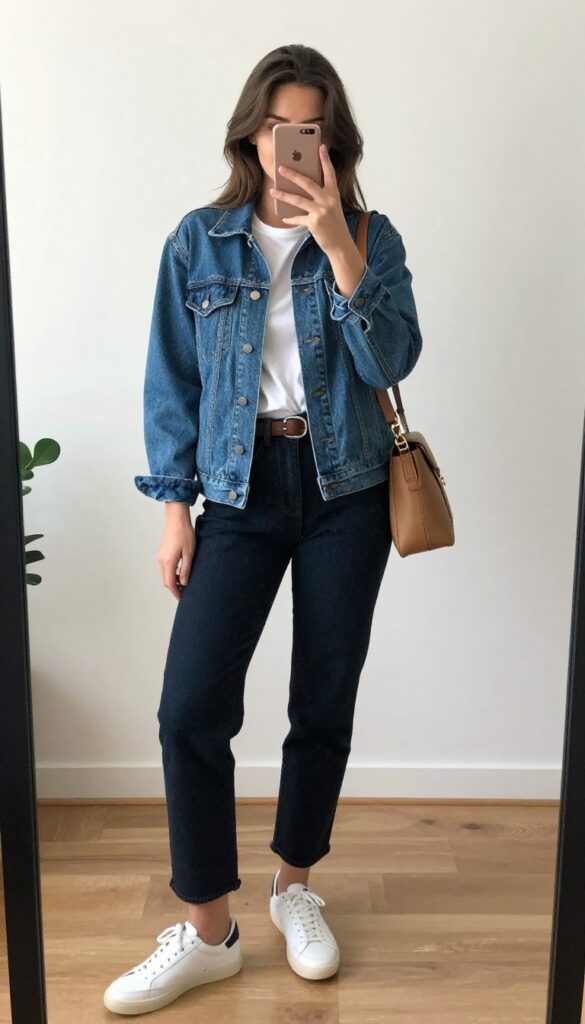 Woman in light denim jacket and darker jeans with a belt, taking a mirror selfie, showcasing a casual Western denim-on-denim outfit.