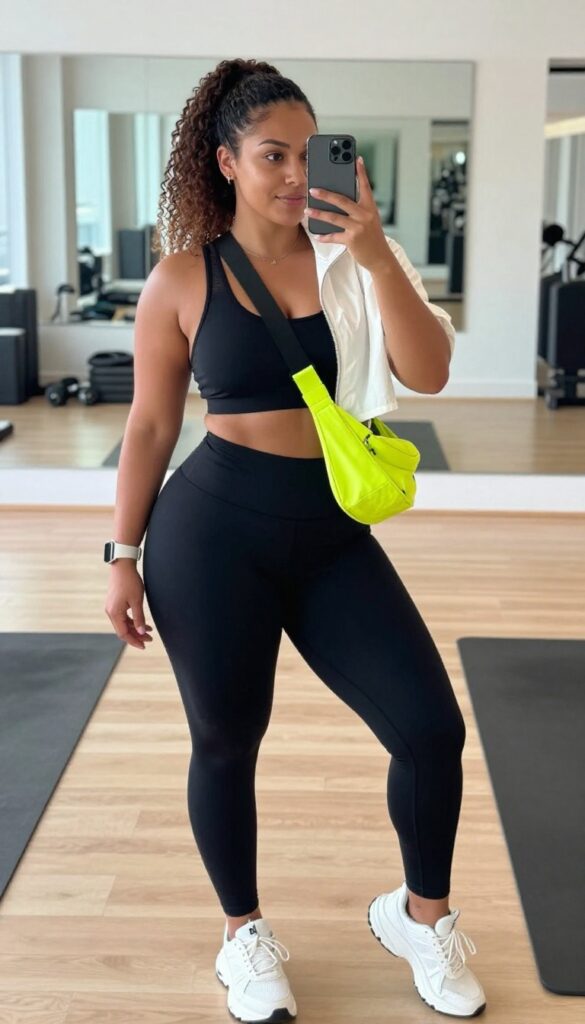 Plus-size woman in black leggings and longline sports bra, wearing a white zip jacket and neon yellow crossbody bag, taking a mirror selfie in a bright gym setting.