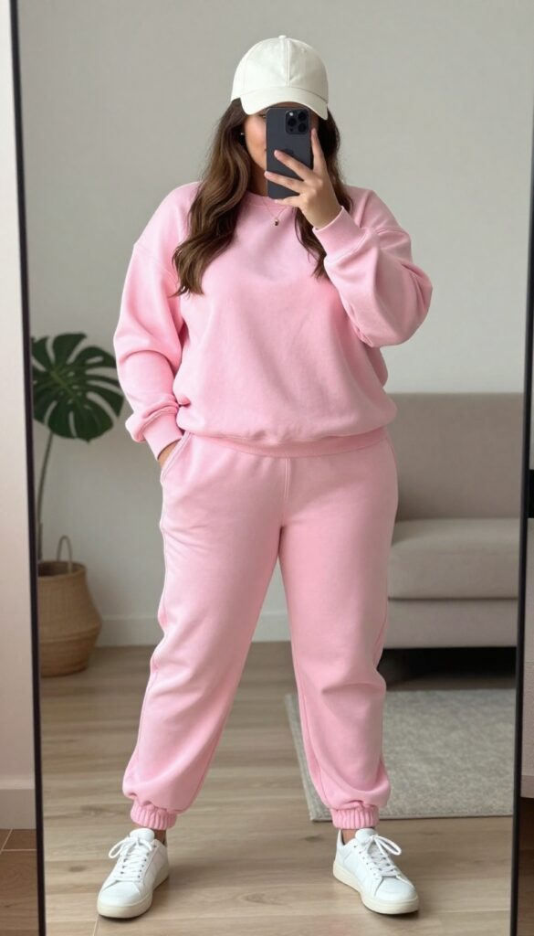 Plus-size woman in a monochrome pink lounge set taking a mirror selfie, wearing white sneakers and minimal jewelry, in a bright room with a full-length mirror.