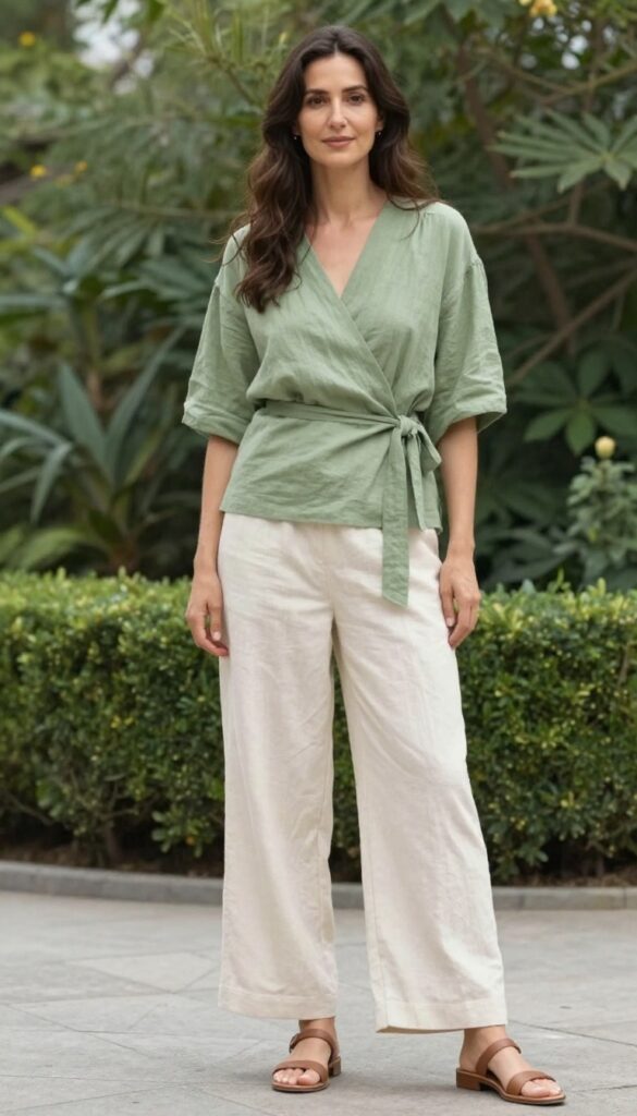 Woman in sage wrap top and cream wide-leg trousers in garden