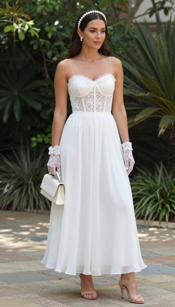 Woman in white lace corset and chiffon skirt walking in garden