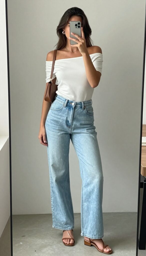 A woman in an off-shoulder top and wide leg jeans takes a mirror selfie, showcasing a feminine and relaxed summer outfit ideal for date nights.