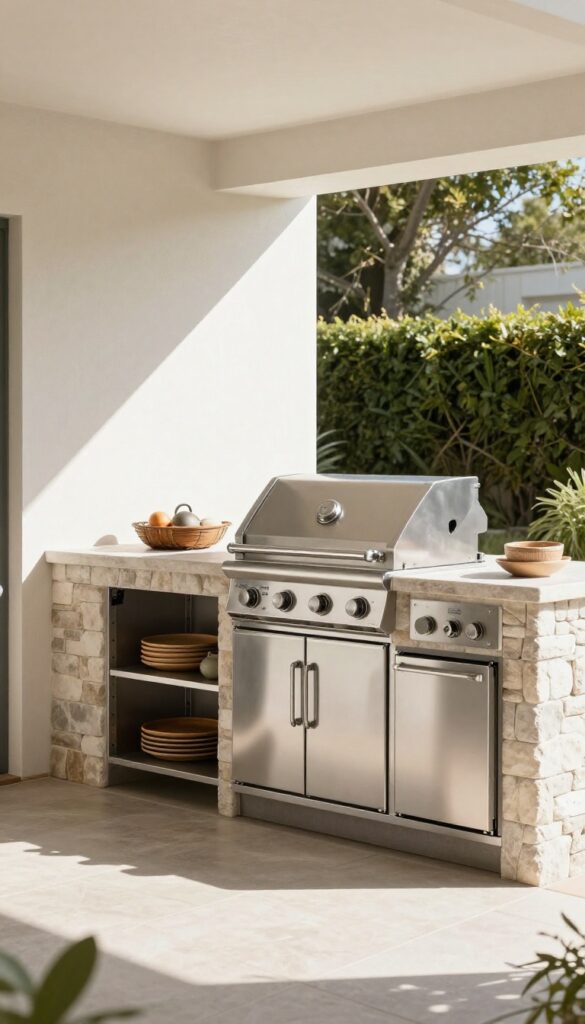 Built-in grill with stone veneer, side shelves, and mini fridge in an outdoor kitchen