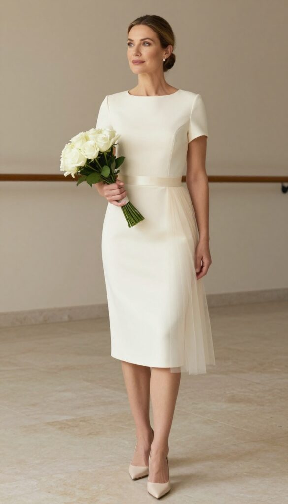 Bride in ivory crepe sheath dress with detachable tulle overskirt, low bun, white rose bouquet, neutral ballroom