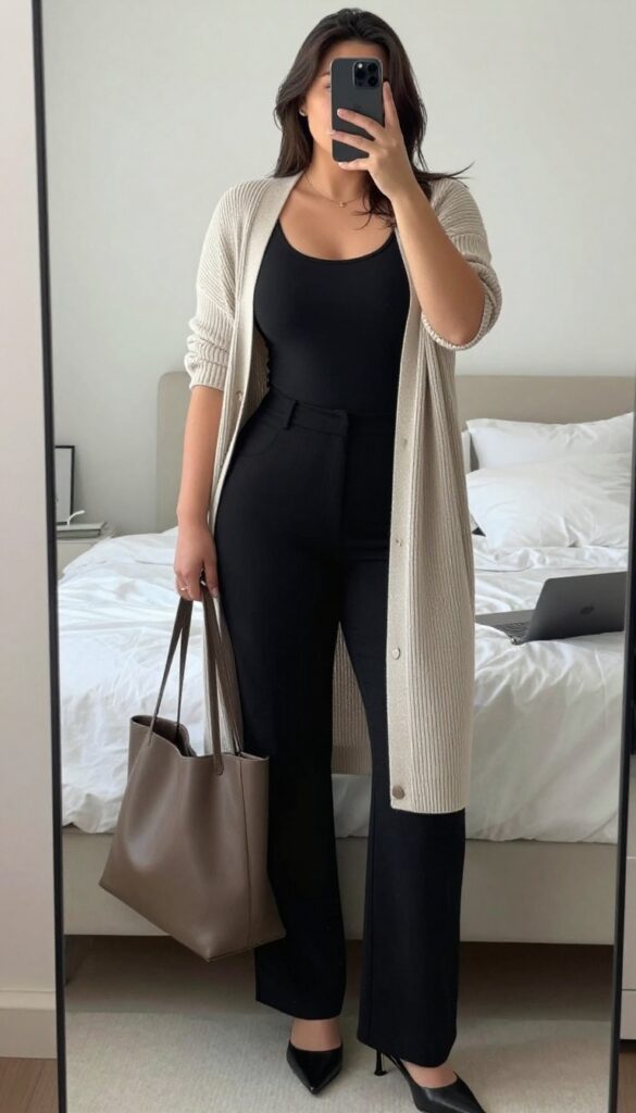 Woman in fitted bodysuit, open-front cardigan, and wide-leg black pants, posing in a bright room.