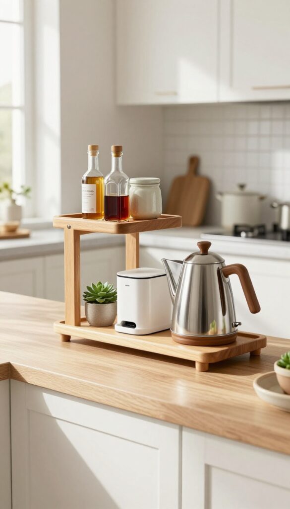 A two-tiered wooden stand on a sideboard in a bright kitchen, holding syrups, pods, and a kettle, with a succulent and ceramic tray.
