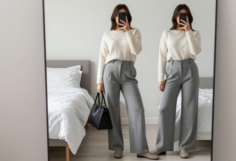 Woman in grey wide-leg trousers and cream sweater taking a mirror selfie in bedroom, business casual outfit idea.