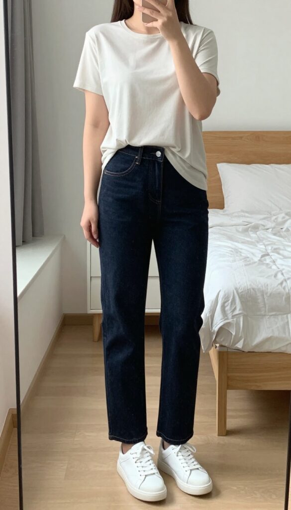 Model in dark wash straight-leg jeans and a flowing tunic top with side slits, white sneakers, and a structured tote bag, standing in a bright modern office or urban setting.