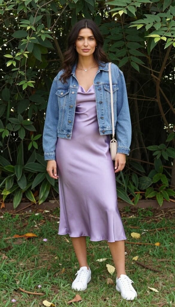 Woman in lavender satin midi dress with denim jacket and white sneakers in sunny garden