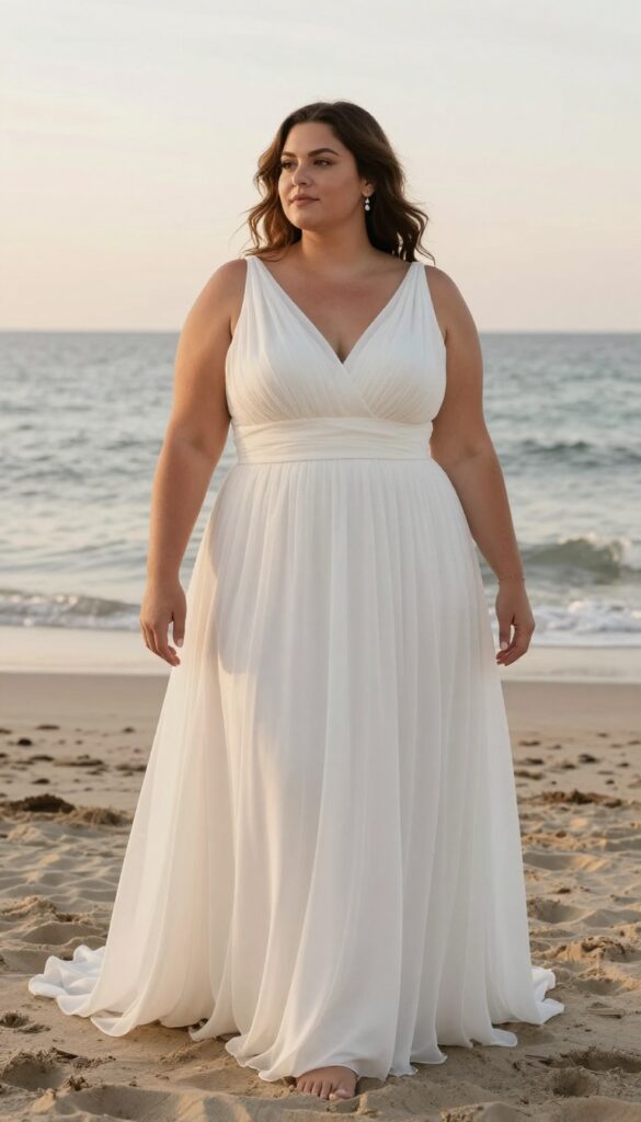 Plus size woman in empire waist chiffon overlay wedding dress on beach at sunset
