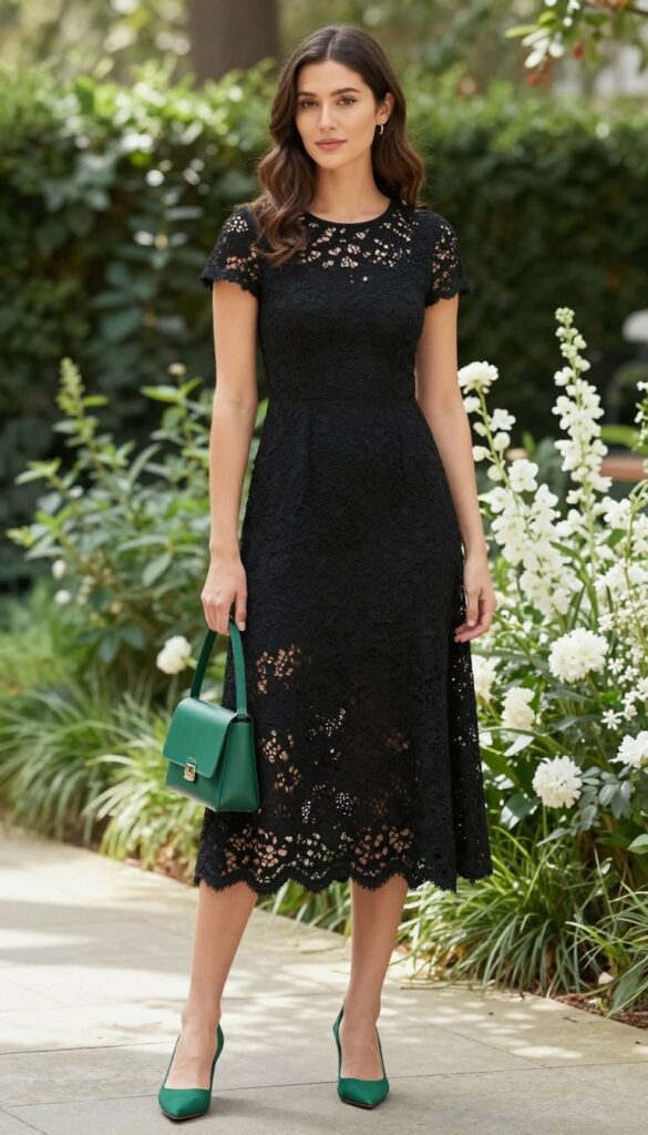 Black lace midi dress with emerald green heels and crossbody bag for a wedding guest outfit