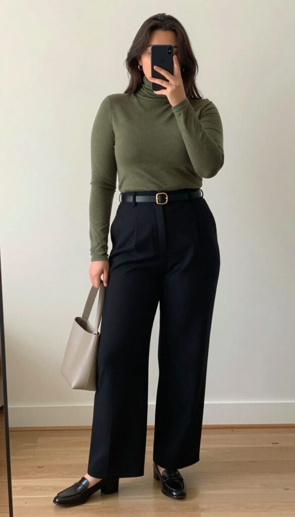Woman in wide-leg trousers and fitted turtleneck, accessorized with belt, loafers, structured tote, and gold hoops.