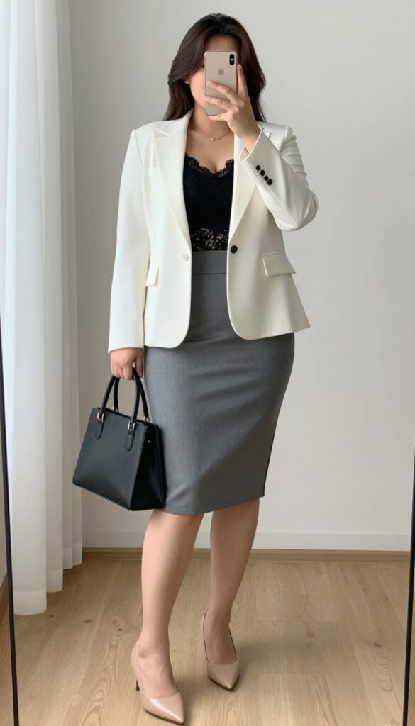 Woman in white blazer, black lace top, and gray pencil skirt posing in office setting