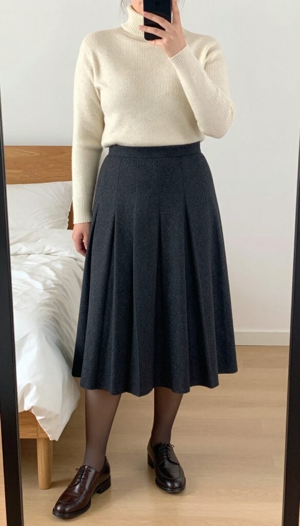 A woman in a pleated midi skirt and turtleneck, wearing oxfords, standing in a mirror selfie pose.