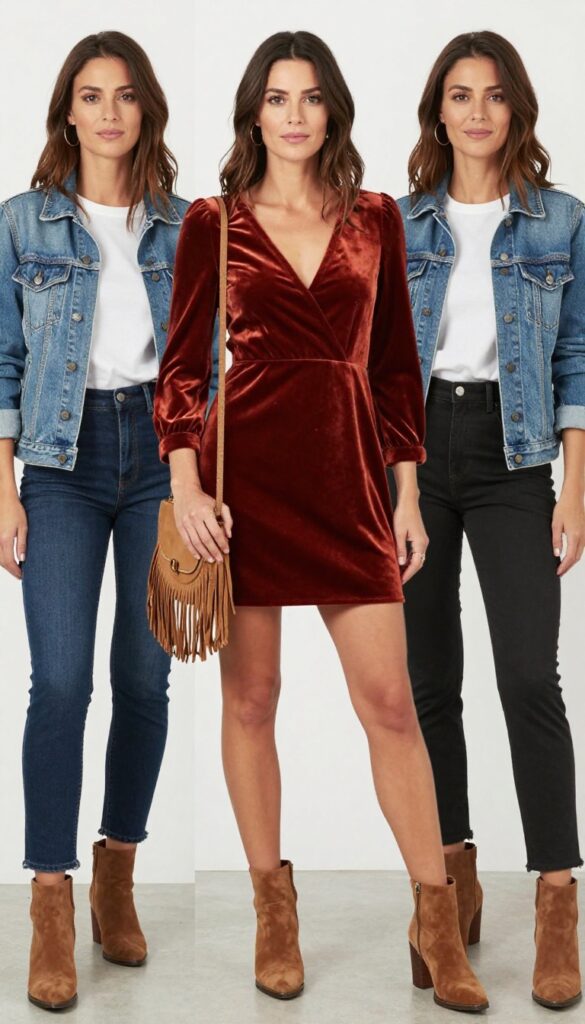 Woman in rust velvet mini dress and tan ankle boots at outdoor fall wedding reception under string lights